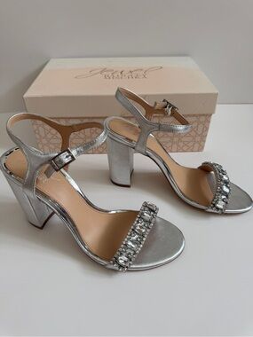 Jewel Badgley Mischka Silver Jeweled Block Heel Sandals